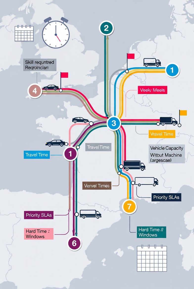 Technicians on map with optimized multi-week routing paths