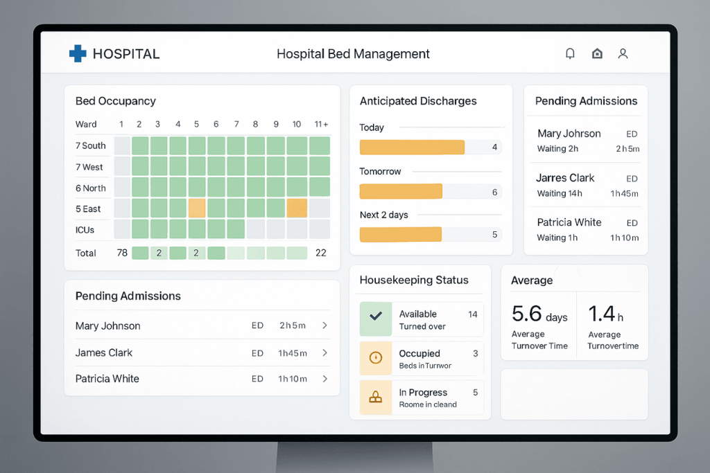 Hospital bed management dashboard with occupancy and wait times