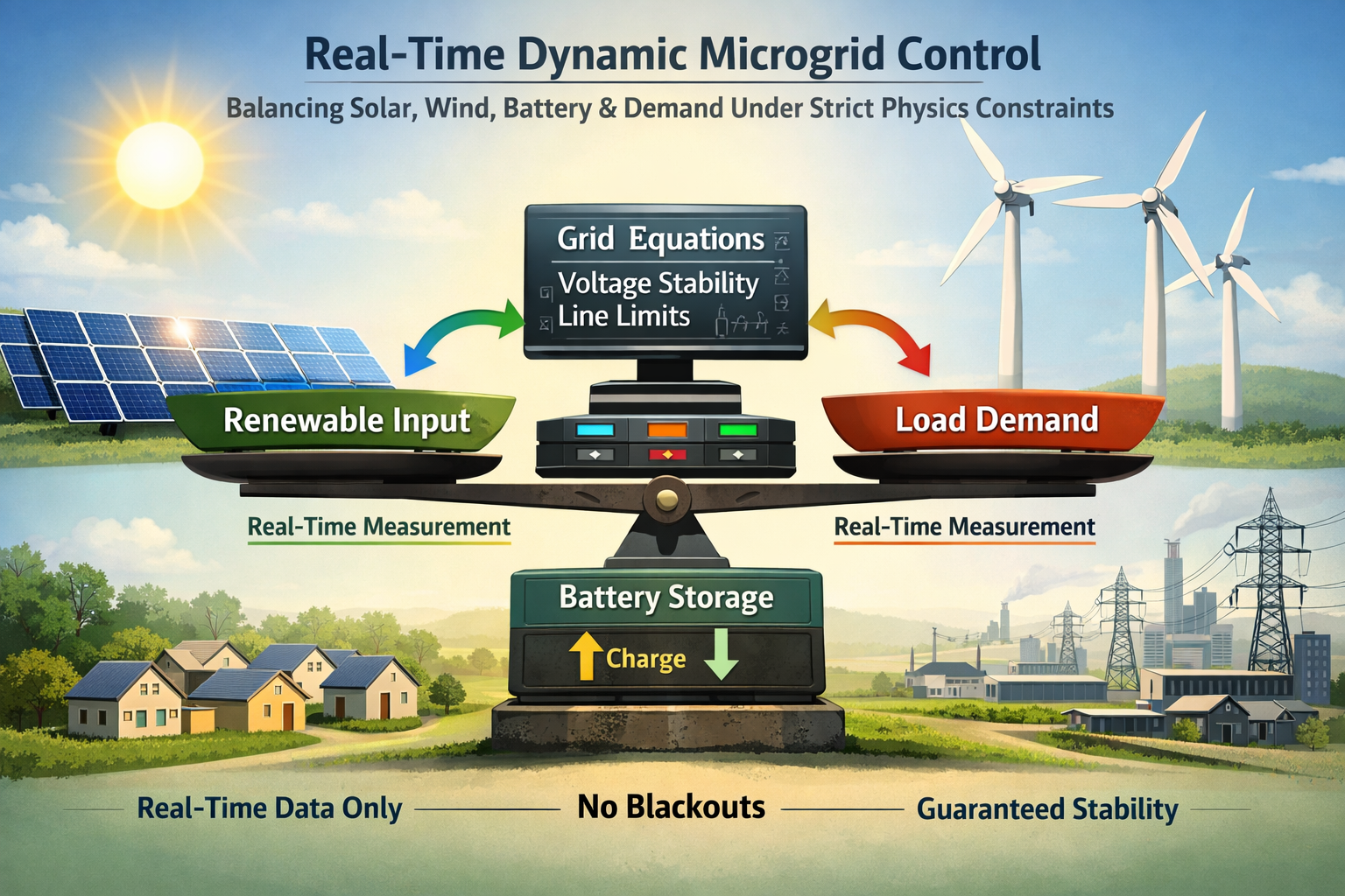 Diagram of renewable energy grid with real-time deterministic balancing