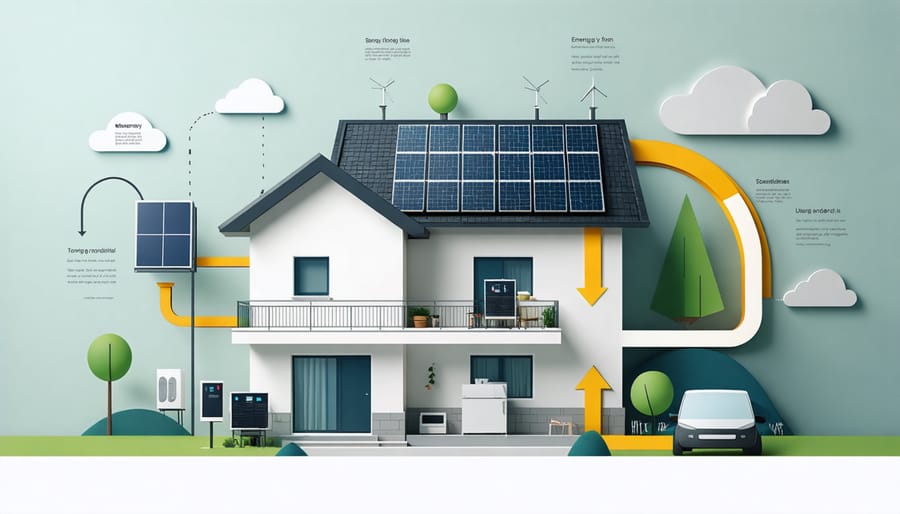 Smart home solar battery system diagram with energy flow
